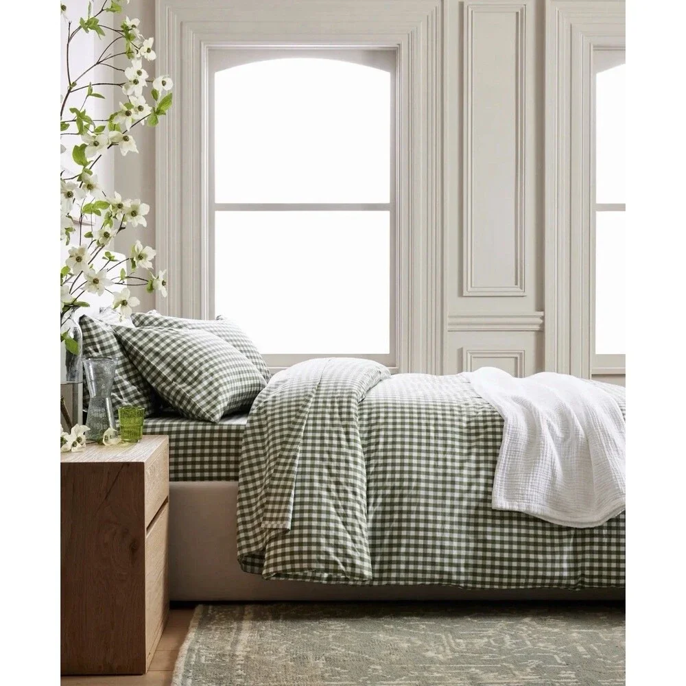 Quince Organic Crisp Percale Duvet Cover Set King| Cal King Cotton Gingham Olive